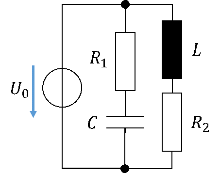Circuit : source U0 avec deux branches parallèles, R1 en série avec C et L en série avec R2