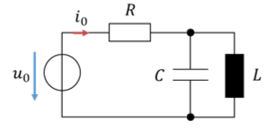 Circuit: source u0 with current i0, resistor R in series with the parallel connection of C and L