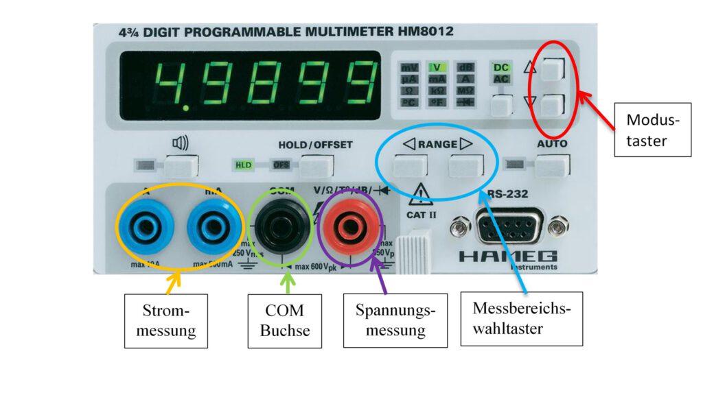 Multimètre HM8012 avec les douilles de mesure de courant, COM et de mesure de tension ainsi que les touches de mode et de calibre