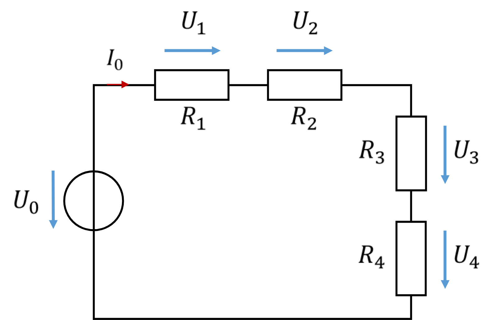 Series connection of R1 to R4 at the voltage source U0
