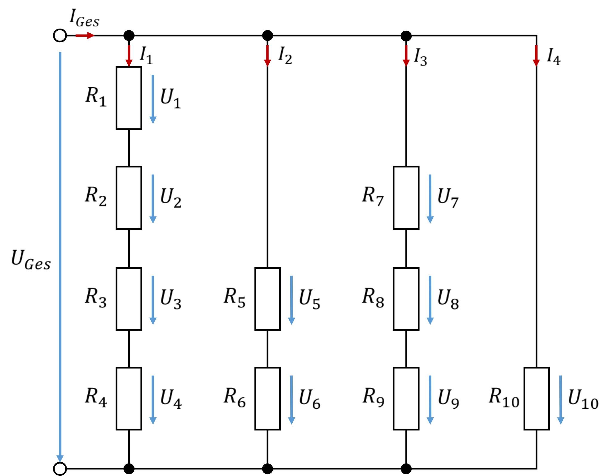 Four parallel branches with resistors R1 to R10 connected in series