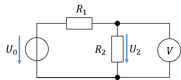 Circuit diagram: voltage measurement across R2 with a voltmeter