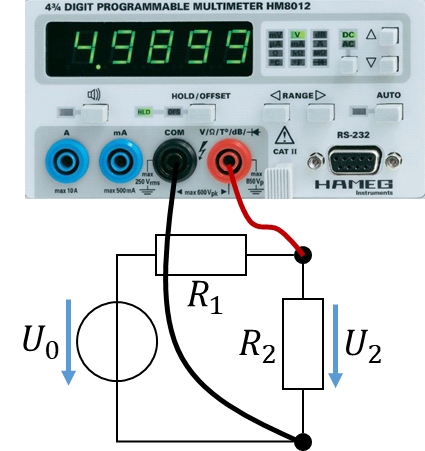Connecting the multimeter to measure the voltage U2