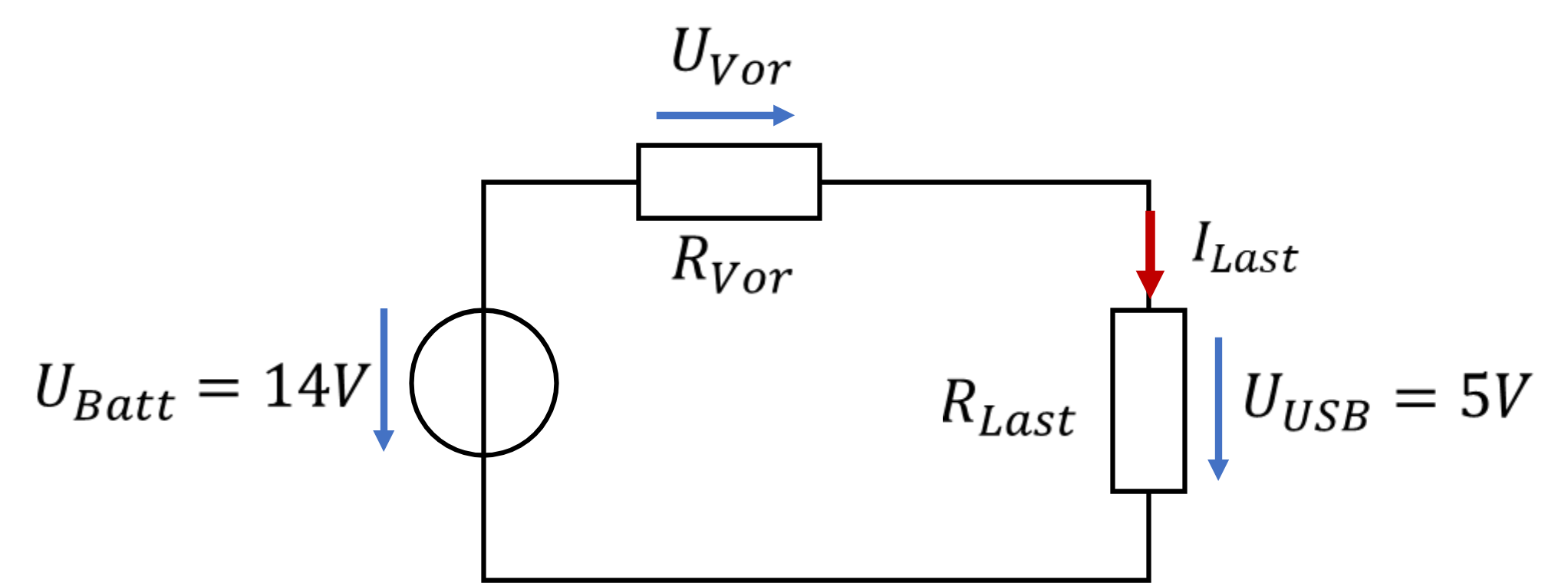 Series resistor R_Vor between car battery U_Batt = 14 V and load R_Last with U_USB = 5 V