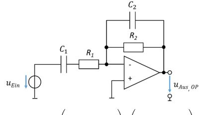Passe-bande actif avec C_1 et R_1 en entrée et C_2 en parallèle sur R_2
