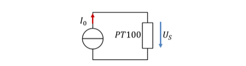PT100 on a current source I_0 with sensor voltage U_S