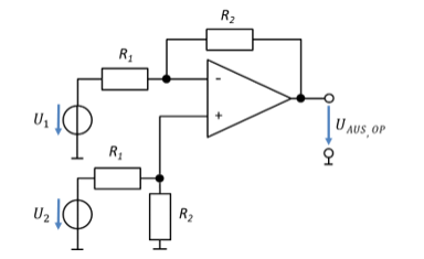 Amplificateur différentiel avec U_1 par R_1 sur l’entrée moins et U_2 par le diviseur R_1, R_2 sur l’entrée plus