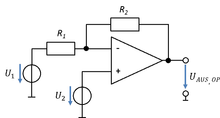 Amplificateur différentiel simplifié : U_1 par R_1 sur l’entrée moins, U_2 directement sur l’entrée plus