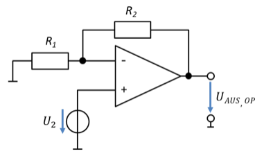 Superposition, partie 1 : seule U_2 agit, U_1 est court-circuitée (amplificateur non inverseur)