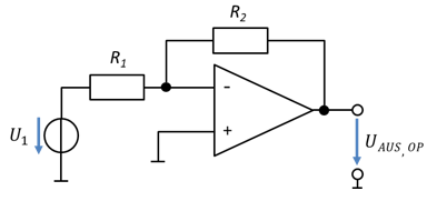 Superposition, partie 2 : seule U_1 agit, entrée plus à la masse (amplificateur inverseur)