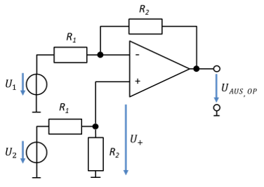 Amplificateur différentiel avec diviseur de tension sur l’entrée plus et tension U_+