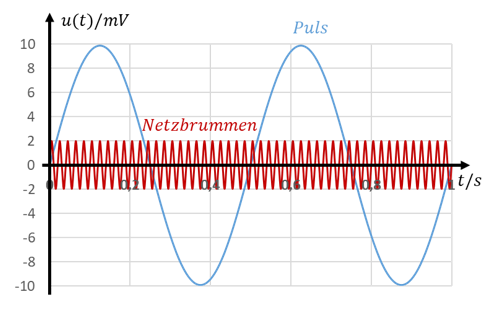 Pulse signal with 10 mV amplitude and 2 Hz, and mains hum with 2 mV amplitude and 50 Hz