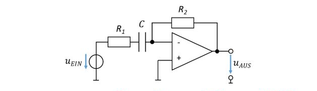Active high-pass filter: R_1 and C in series before the inverting amplifier, feedback via R_2