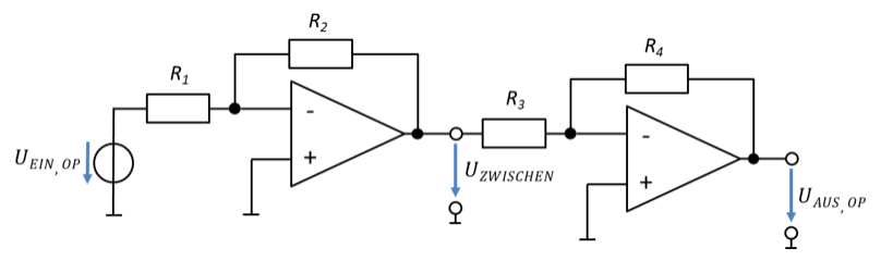 Two inverting amplifiers in series: R_1, R_2 on the left with intermediate voltage U_Zwischen, R_3, R_4 on the right