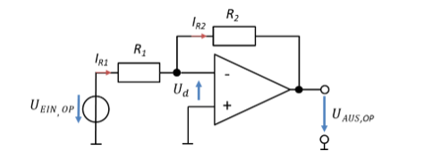 Amplificateur inverseur avec les courants I_R1 et I_R2