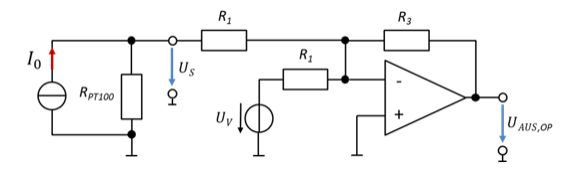 PT100 on the current source I_0; summing amplifier adds sensor voltage U_S and shift voltage U_V