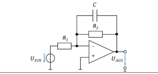 Active low-pass filter: inverting amplifier with capacitor C in parallel with R_2