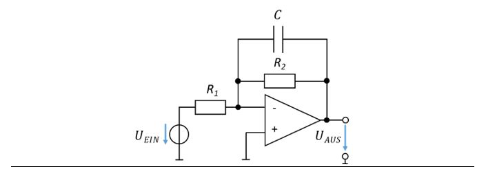 Active low-pass filter: inverting amplifier with capacitor C in parallel with R_2
