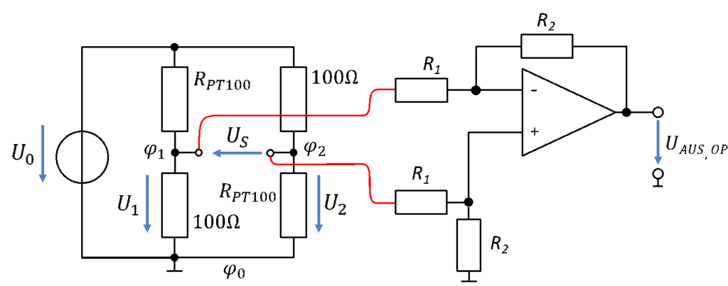 Pont avec PT100 relié à l’amplificateur différentiel : φ1 et φ2 du pont aux entrées via R_1, contre-réaction via R_2