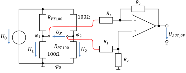 Pont avec PT100 relié à l’amplificateur différentiel