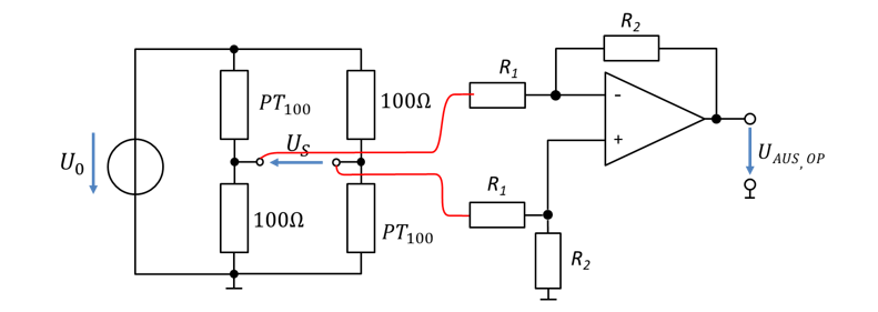 Bridge circuit with PT100 at the differential amplifier