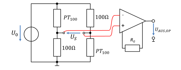 Instrumentation amplifier at a bridge circuit with PT100