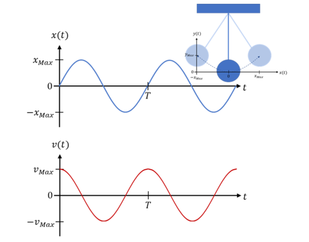 Time curves of the position x(t) and the speed v(t) of the pendulum